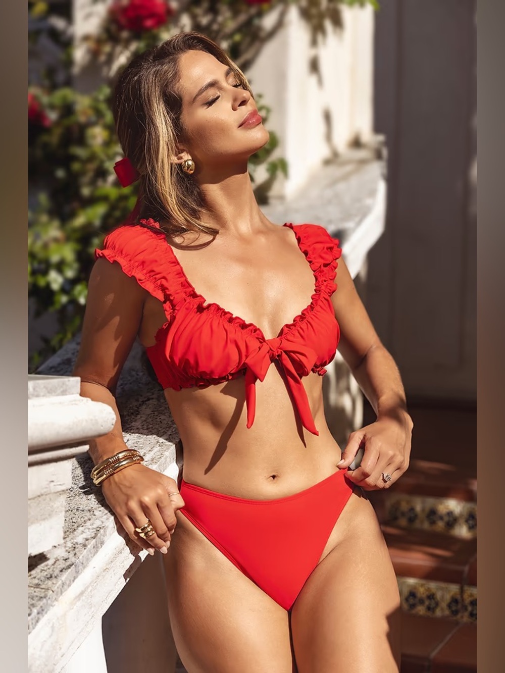 Cupshe Red Ruffle Tie-Front Bikini Top